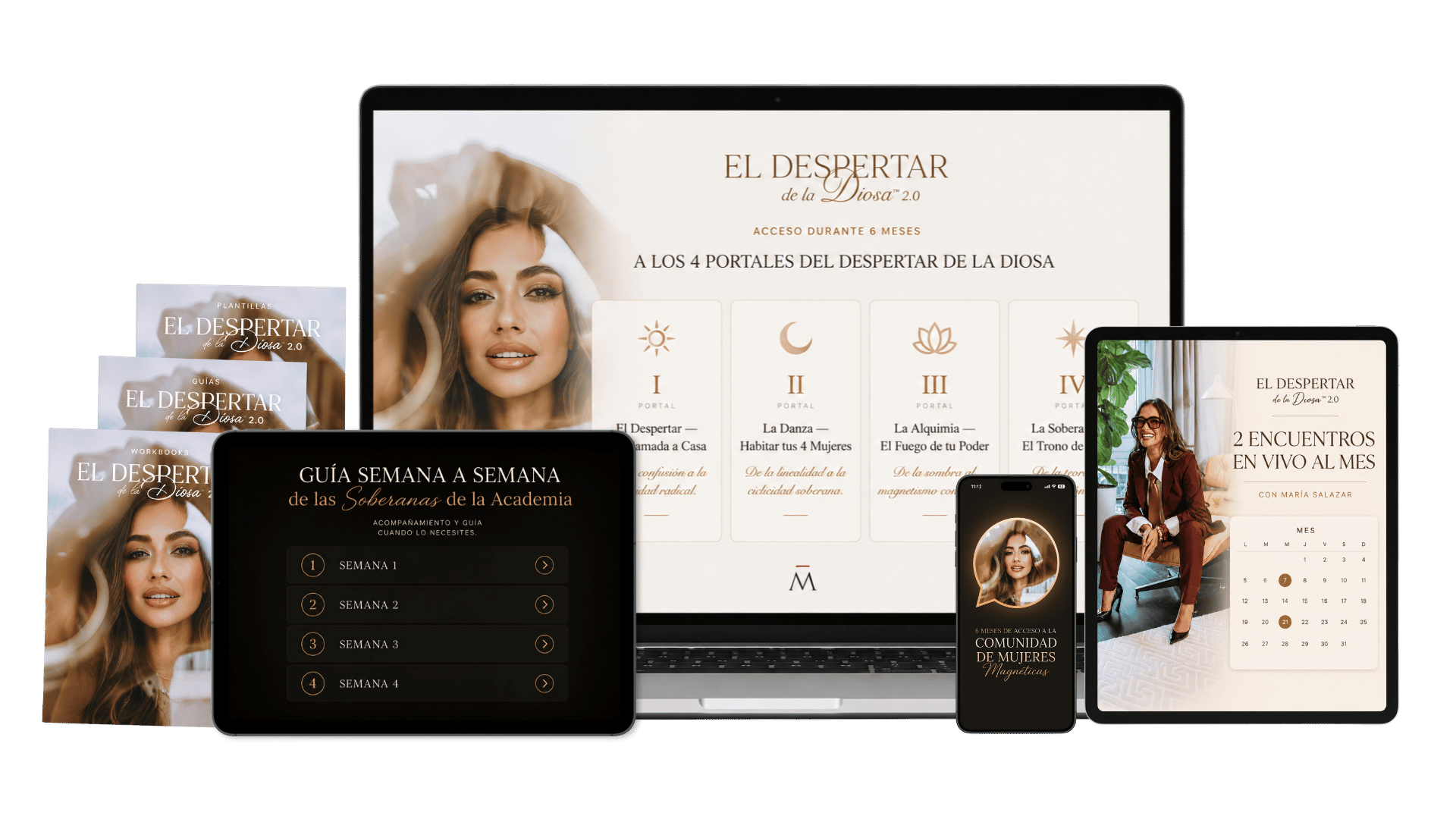 Mockup de El Despertar de la Diosa en laptop, tablet y smartphone